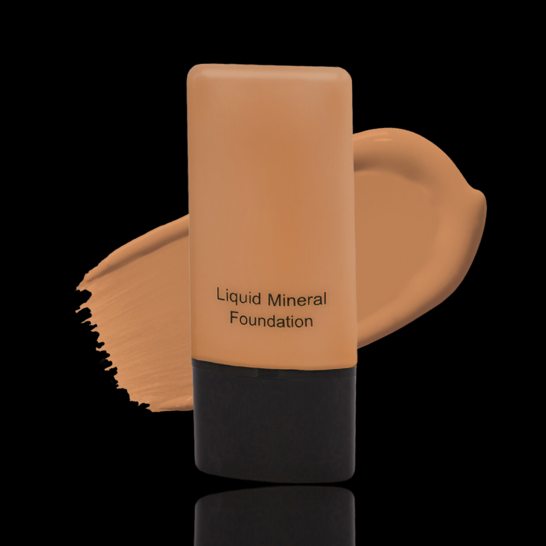 Liquid Mineral Foundation in a squeezable bottle. Available in a variety of skin tone shades. Dark Skin Tone Shade - Toasted Almond, a perfect shade for dark skin tones.