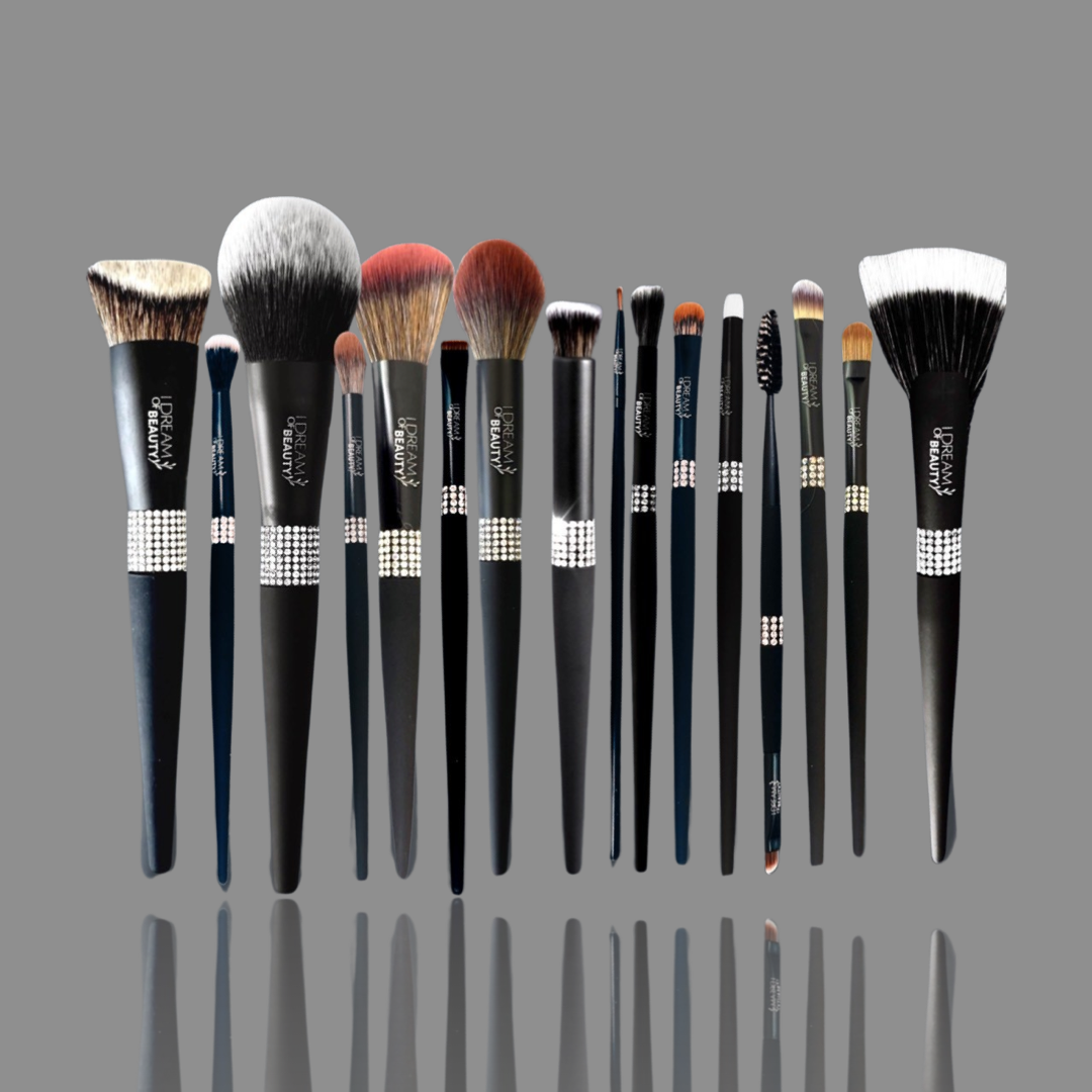 Luxury Matte Black Diamond Makeup Brush 14 Piece Set with Diamond Holder