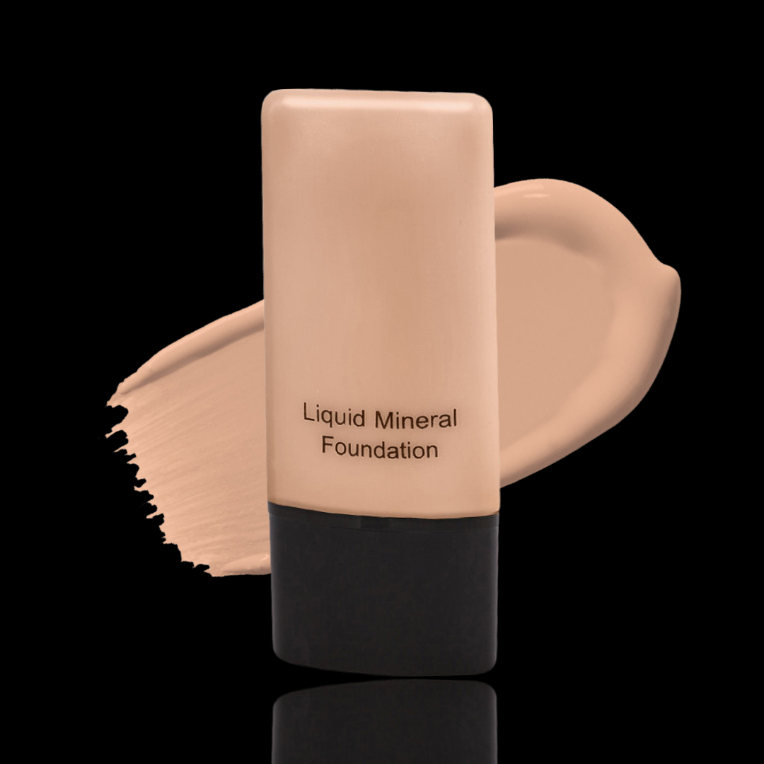 Liquid Mineral Foundation in a squeezable bottle. Available in a variety of skin tone shades. Medium Skin Tone Shade - Basic Beige, a perfect shade for medium skin tones.