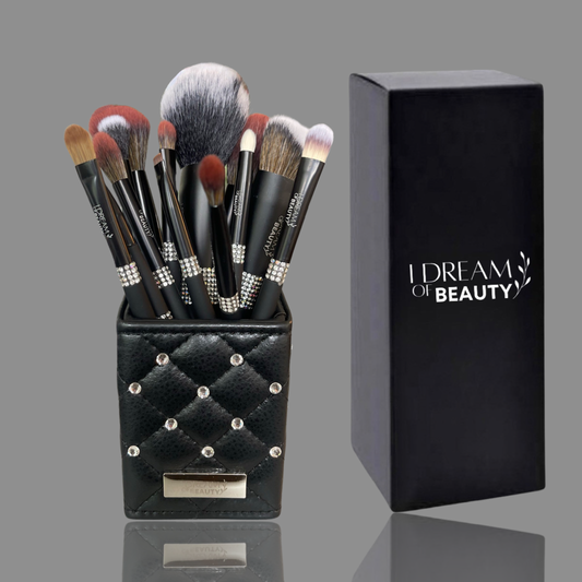 Luxury Matte Black Diamond Makeup Brush 14 Piece Set with Diamond Holder