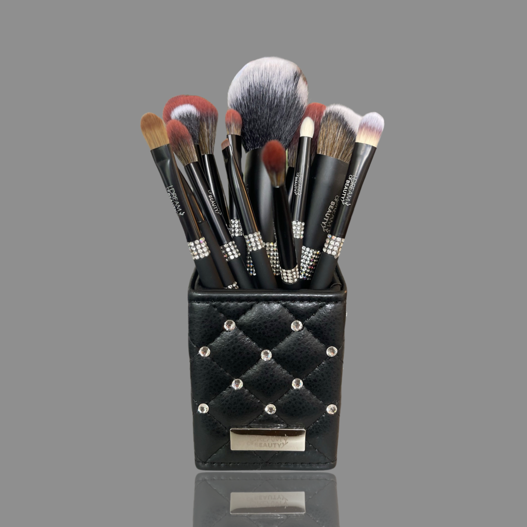 Luxury Matte Black Diamond Makeup Brush 14 Piece Set with Diamond Holder