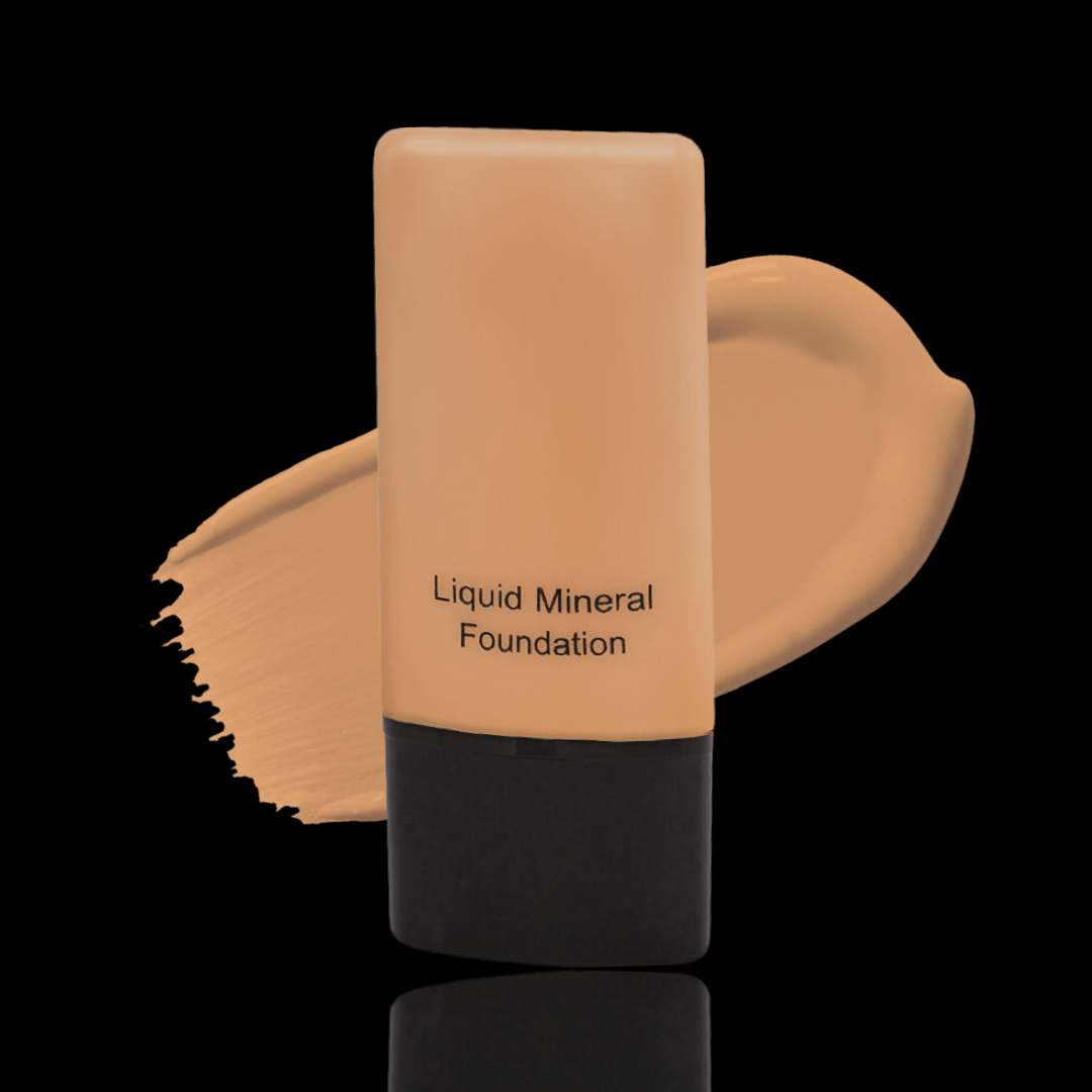 Liquid Mineral Foundation in a squeezable bottle. Available in a variety of skin tone shades. Darker Skin Tone Shade - Golden Caramel, a perfect shade for darker skin tones.