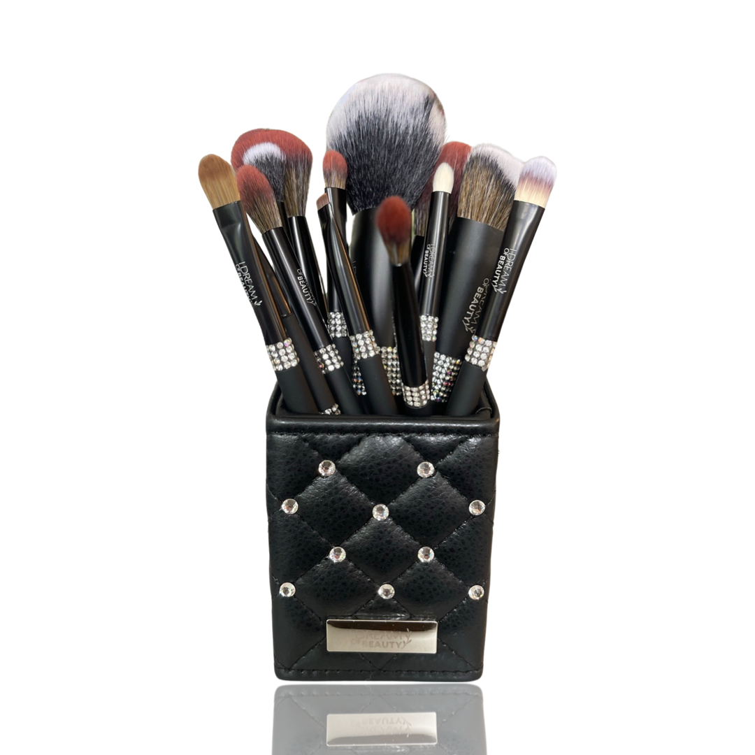 Luxury Matte Black Diamond Makeup Brush 14 Piece Set with Diamond Holder