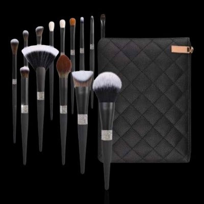 Luxury Matte Black Diamond Makeup Brush 14 Piece Set with Cosmetic Bag